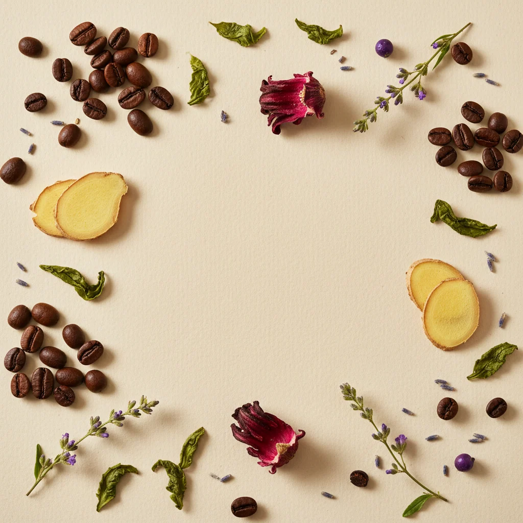 Botanical ingredients flat-lay - coffee beans, green tea and ginger