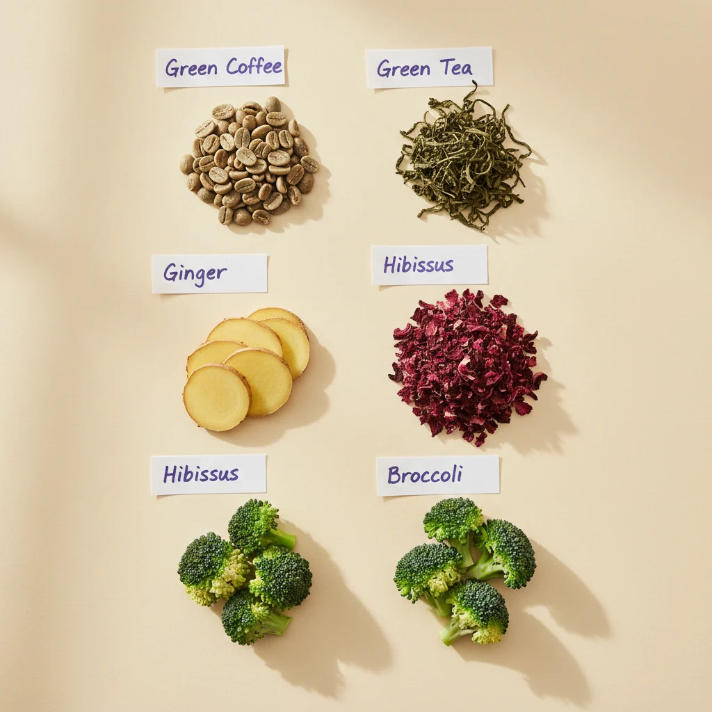 Botanical ingredients flat-lay: green coffee beans, green tea leaves, ginger slices and hibiscus petals