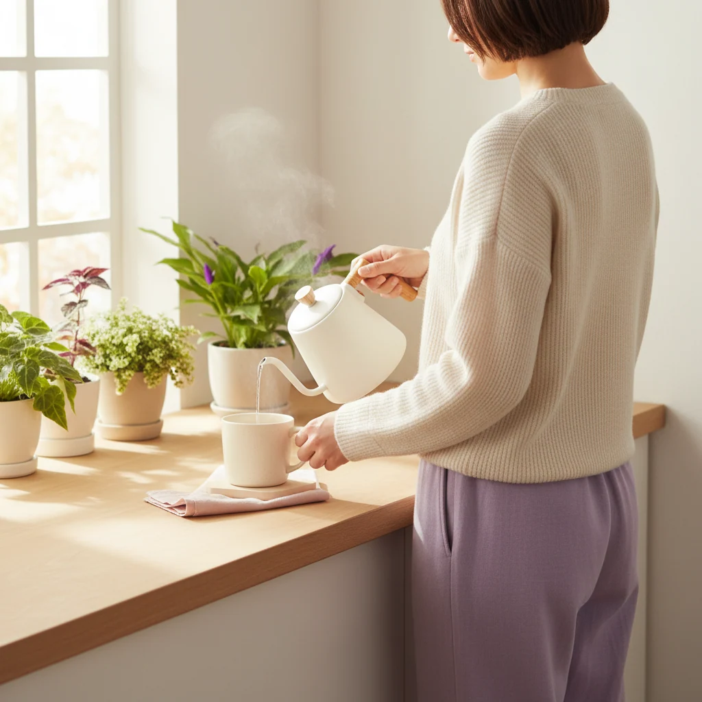 Anonymous person from behind preparing a warm drink in a bright morning kitchen