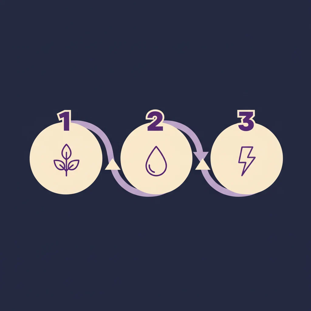 Three numbered steps infographic - leaf, water drop and energy bolt icons on dark navy
